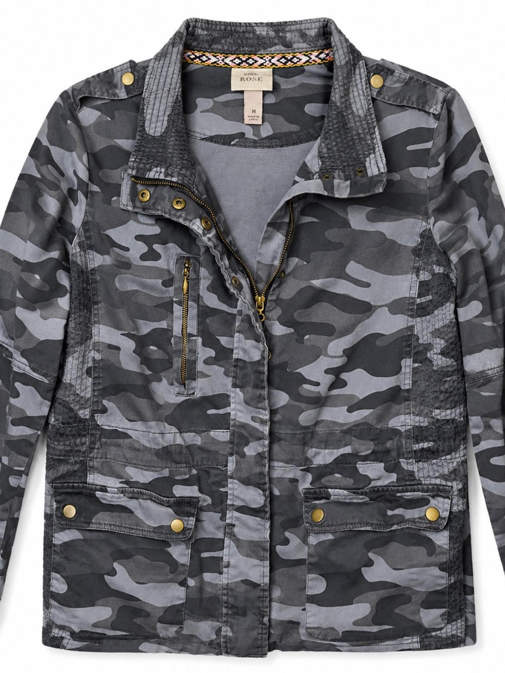 Knox Rose Gray Camo Utility Jacket Medium Snap Zip Military Style Jacket
